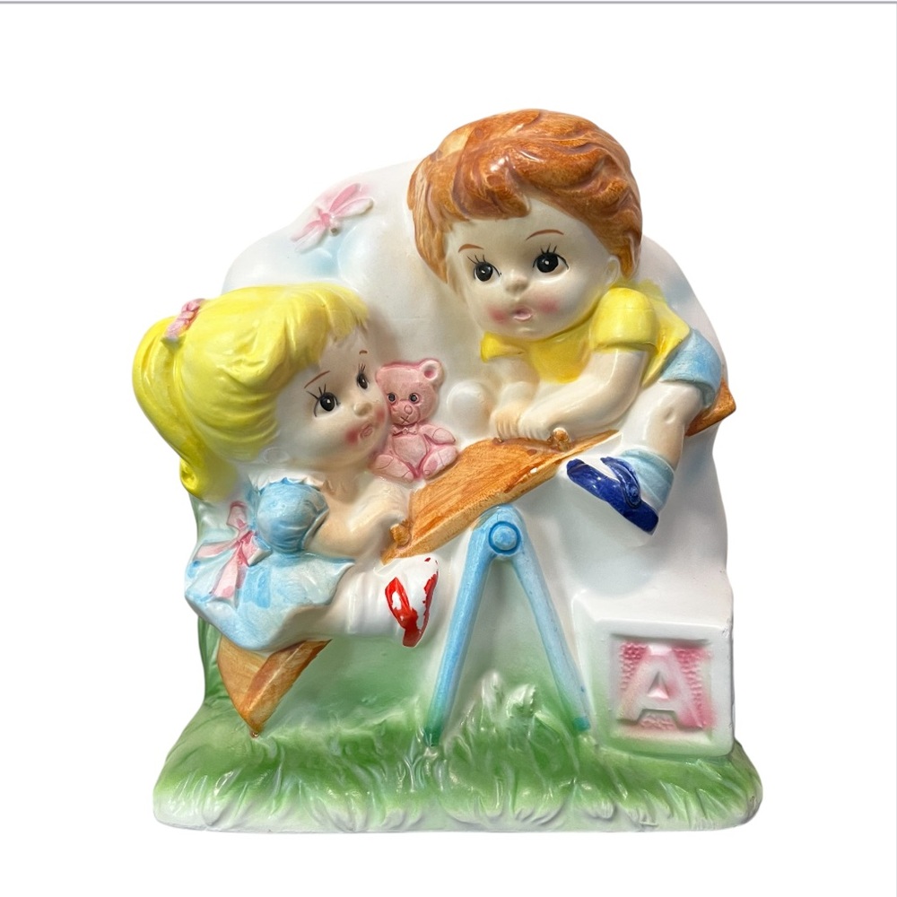 Vintage Relpo Japan Boy and Girl Playing Ceramic Planter
